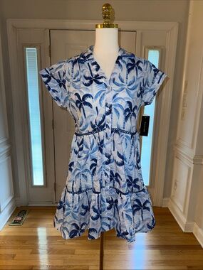 Taylor Blue and Navy Palm-Print Button-Front Mini Dress